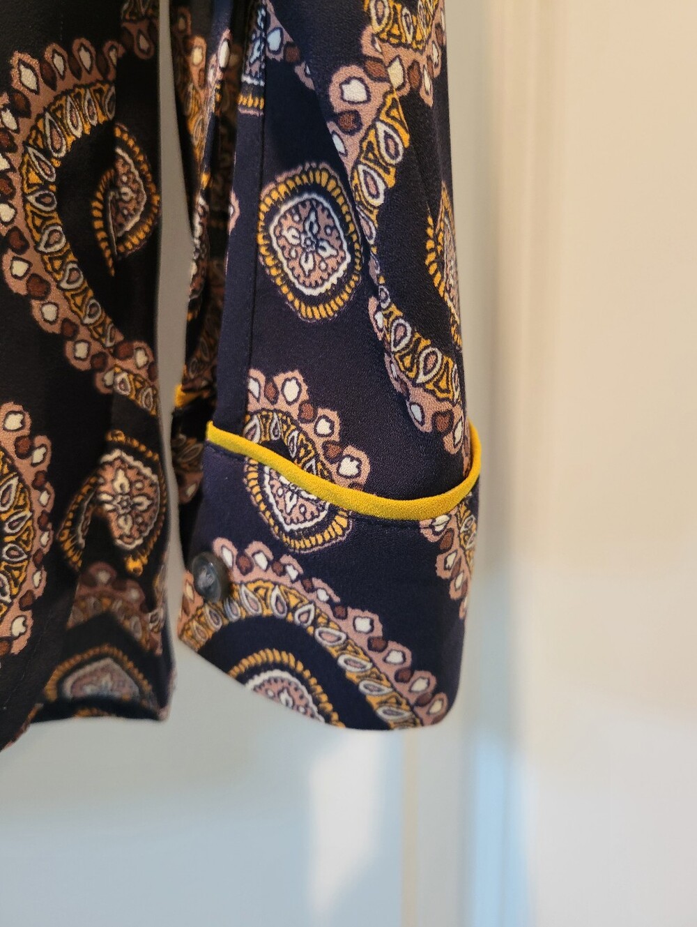 LOFT Navy Paisley-Pattern Long Sleeve Blouse with Yellow Trim - Picture 3 of 6